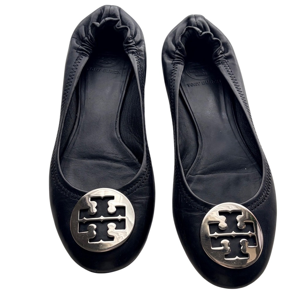 Tory Burch Reva Ballet Flats Black Leather Gold Logo Shoes Size 7